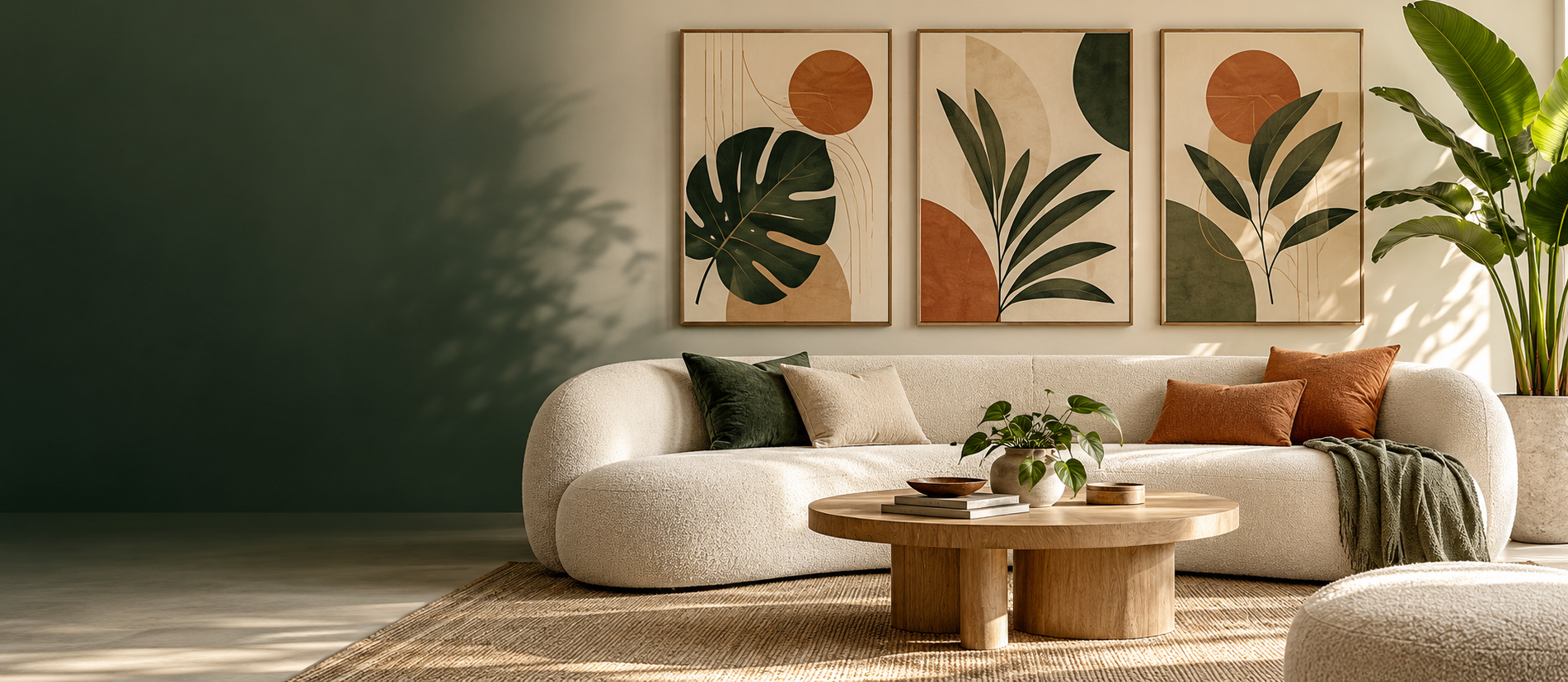 Sala decorada com artes abstratas em tons verdes e terrosos